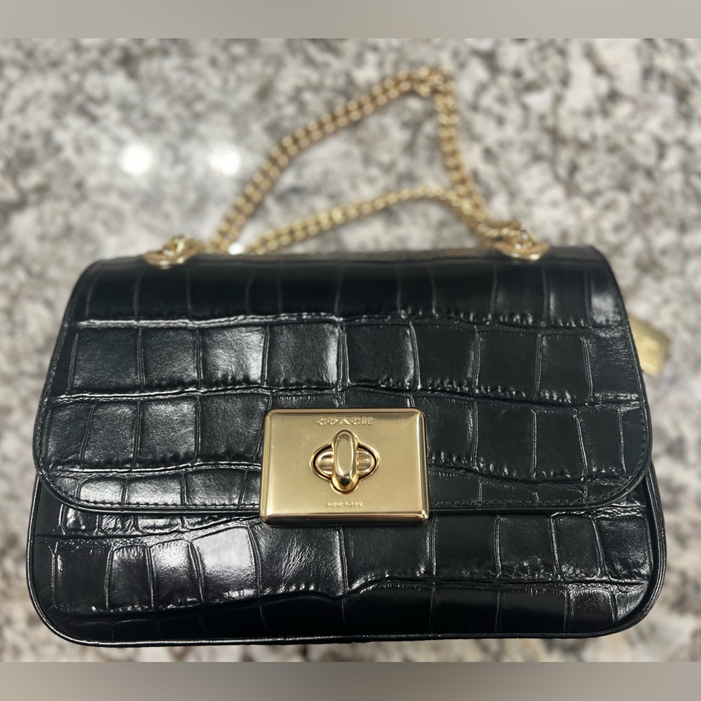 Coach Cassidy Chain Bag in Black Croc Embossed Leather